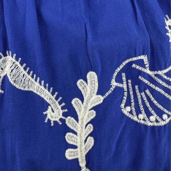 LAFFAIRE M Blue Nautical Sea Shell Starfish Embroidered Tiered Maxi Skirt Beach - Picture 6 of 10